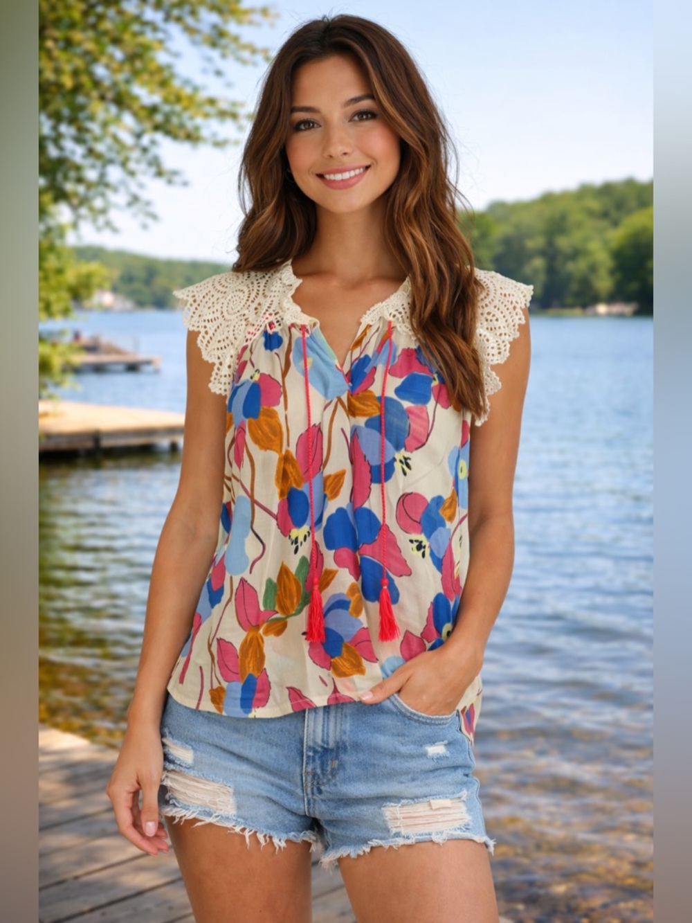 Anthropologie THML Cream Crochet Sleeve Floral Top in Pink & Blue Boho Chic